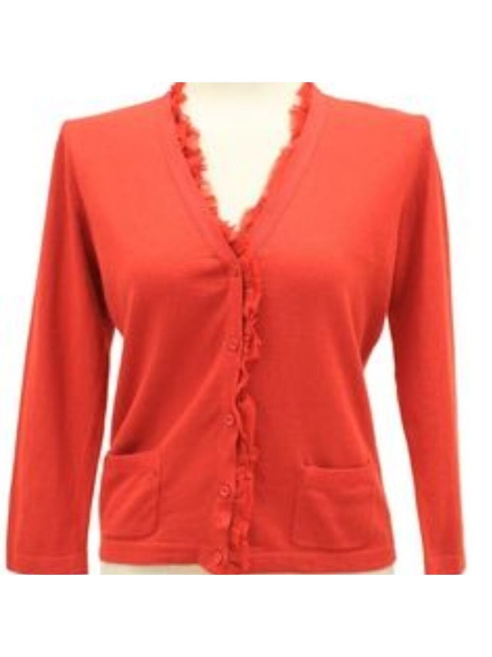 CAbi #165 Tomato Red Ruffle Trim Button Up Party Cardi Cardigan Sweater Small